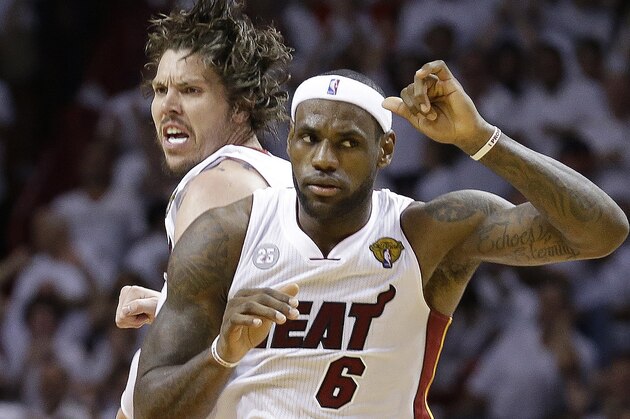 Miami Heat shooting guard Mike Miller (13) and LeBron James celebrate during the second half of Game 2 of the NBA Finals basketball game against the San Antonio Spurs, Sunday, June 9, 2013 in Miami. (AP Photo/Lynne Sladky) Miami Heat shooting guard Mike Miller (13) and LeBron James celebrate during the second half of Game 2 of the NBA Finals basketball game against the San Antonio Spurs, Sunday, June 9, 2013 in Miami. (AP Photo/Lynne Sladky)