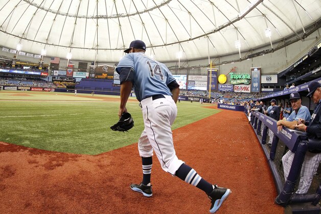Jun 25, 2014; St. Petersburg, FL, USA; Tampa Bay Rays starting pitcher David Price (14) takes the field for the ninth inning against the Pittsburgh Pirates at Tropicana Field. Tampa Bay Rays defeated the Pittsburgh Pirates 5-1. Mandatory Credit: Kim Klement-USA TODAY Sports