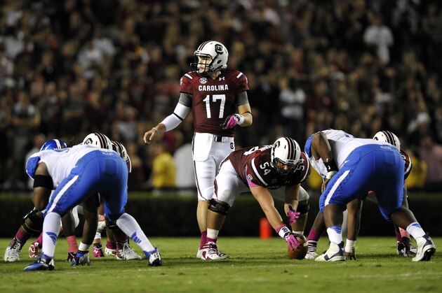 South Carolina quarterback Dylan Thompson (17) gets ready for a play during the first half of an NCAA college football game against Kentucky, Saturday, Oct. 5, 2013, in Columbia, S.C. (AP Photo/Rainier Ehrhardt)