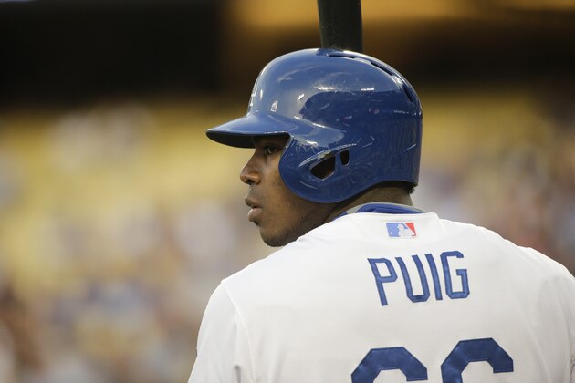Los Angeles Dodgers' Yasiel Puig gets ready for his at-bat during the first inning of a baseball game against the Atlanta Braves on Tuesday, July 29, 2014, in Los Angeles. (AP Photo/Jae C. Hong) Los Angeles Dodgers' Yasiel Puig gets ready for his at-bat during the first inning of a baseball game against the Atlanta Braves on Tuesday, July 29, 2014, in Los Angeles. (AP Photo/Jae C. Hong)