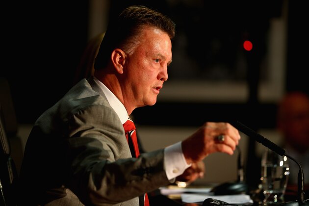MANCHESTER, ENGLAND - JULY 17:  Louis van Gaal appears at a press conference as he is unveiled as the new Manchester United manager at Old Trafford on July 17, 2014 in Manchester, England.  (Photo by Clive Mason/Getty Images)