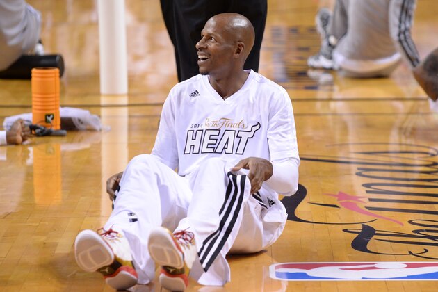 MIAMI, FL - JUNE 10: Ray Allen #34 of the Miami Heat looks on against the San Antonio Spurs during Game Three of the 2014 NBA Finals at American Airlines Arena on June 10, 2014 in Miami, Florida. NOTE TO USER: User expressly acknowledges and agrees that, by downloading and/or using this photograph, user is consenting to the terms and conditions of the Getty Images License Agreement.  Mandatory Copyright Notice: Copyright 2014 NBAE (Photo by Noah Graham/NBAE via Getty Images)