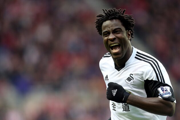 Swansea City's Wilfried Bony celebrates his goal during their English Premier League soccer match against Sunderland  at the Stadium of Light, Sunderland, England, Sunday, May 11, 2014. (AP Photo/Scott Heppell)