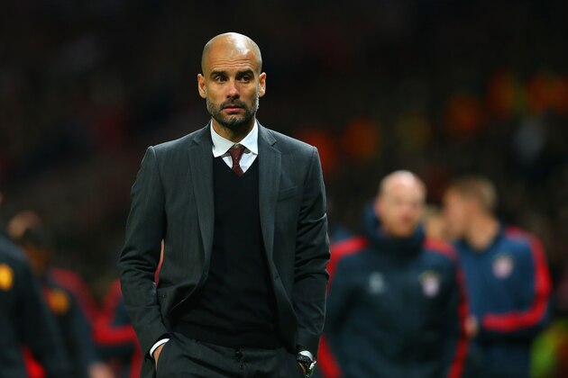 MANCHESTER, ENGLAND - APRIL 01:  Pep Guardiola head coach of Bayern Muenchen at the end of match during the UEFA Champions League Quarter Final first leg match between Manchester United and FC Bayern Muenchen at Old Trafford on April 1, 2014 in Manchester, England.  (Photo by Alex Livesey/Getty Images)