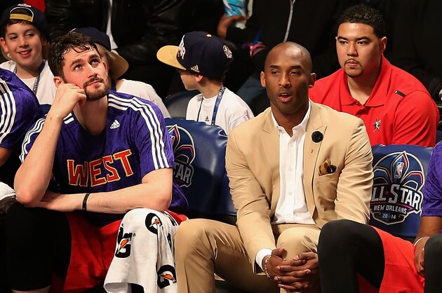 NEW ORLEANS, LA - FEBRUARY 16: Western Conference (L-R) Blake Griffin #32 of the Los Angeles Clippers, Kevin Love #42 of the Minnesota Timberwolves, Kobe Bryant #24 of the Los Angeles Lakers, Kevin Durant #35 of the Oklahoma City Thunder and James Harden #13 of the Houston Rockets sit on the bench during 2014 NBA All-Star game against the Eastern Conference at the Smoothie King Center on February 16, 2014 in New Orleans, Louisiana. The East defeated the West 163-155. NOTE TO USER: User expressly acknowledges and agrees that, by downloading and or using this photograph, User is consenting to the terms and conditions of the Getty Images License Agreement. (Photo by Christian Petersen/Getty Images) NEW ORLEANS, LA - FEBRUARY 16: Western Conference (L-R) Blake Griffin #32 of the Los Angeles Clippers, Kevin Love #42 of the Minnesota Timberwolves, Kobe Bryant #24 of the Los Angeles Lakers, Kevin Durant #35 of the Oklahoma City Thunder and James Harden #13 of the Houston Rockets sit on the bench during 2014 NBA All-Star game against the Eastern Conference at the Smoothie King Center on February 16, 2014 in New Orleans, Louisiana. The East defeated the West 163-155. NOTE TO USER: User expressly acknowledges and agrees that, by downloading and or using this photograph, User is consenting to the terms and conditions of the Getty Images License Agreement. (Photo by Christian Petersen/Getty Images)