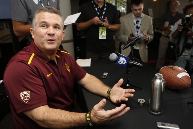Arizona State head coach Todd Graham  takes questions at the 2014 Pac-12 NCAA college football media days at Paramount Studios in Los Angeles Thursday, July 24, 2014. (AP Photo)