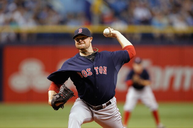 ST PETERSBURG, FL - JULY 25:  Jon Lester #31 of the Boston Red Sox pitches during the first inning against the Tampa Bay Rays at Tropicana Field on July 25, 2014 in St Petersburg, Florida.  (Photo by Scott Iskowitz/Getty Images)