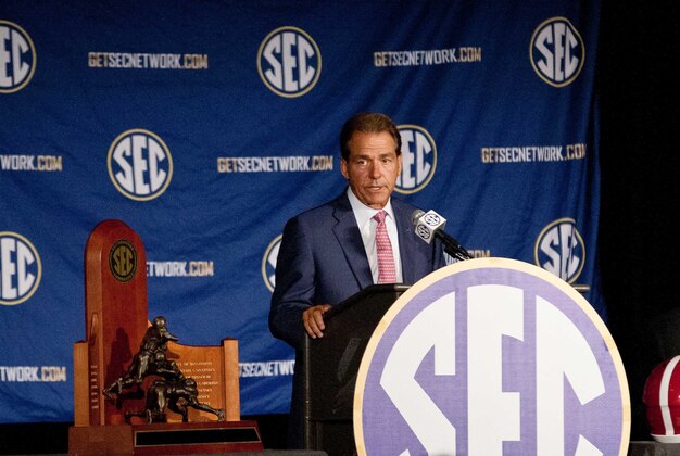Jul 17, 2014; Hoover, AL, USA; Alabama Crimson Tide head coach Nick Saban talks to the media during the SEC football media days at the Wynfrey Hotel. Mandatory Credit: Marvin Gentry-USA TODAY Sports Jul 17, 2014; Hoover, AL, USA; Alabama Crimson Tide head coach Nick Saban talks to the media during the SEC football media days at the Wynfrey Hotel. Mandatory Credit: Marvin Gentry-USA TODAY Sports