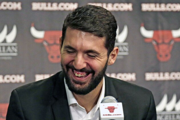 The Chicago Bulls new forward Nikola Mirotic, laughs at an NBA news conference Friday, July 18, 2014, in Chicago. The Bulls are hoping Mirotic will help bolster their offensive attack after they struggled to score at times last year. Mirotic was acquired by Chicago on June 24, 2011, as part of a draft-night trade with the Minnesota Timberwolves and played last with Spain's Real Madrid CF. (AP Photo/M. Spencer Green)