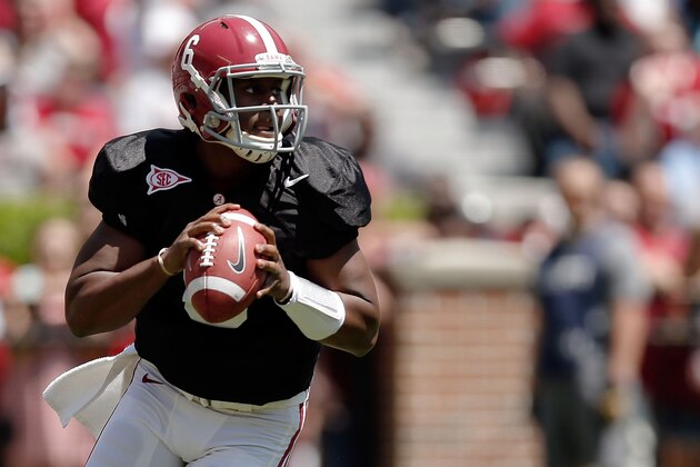 TUSCALOOSA, AL - APRIL 19:  Blake Sims #6 of the Crimson team drops back to pass against the White team during the University of Alabama A-Day spring game at Bryant-Denny Stadium on April 19, 2014 in Tuscaloosa, Alabama.  (Photo by Stacy Revere/Getty Images)