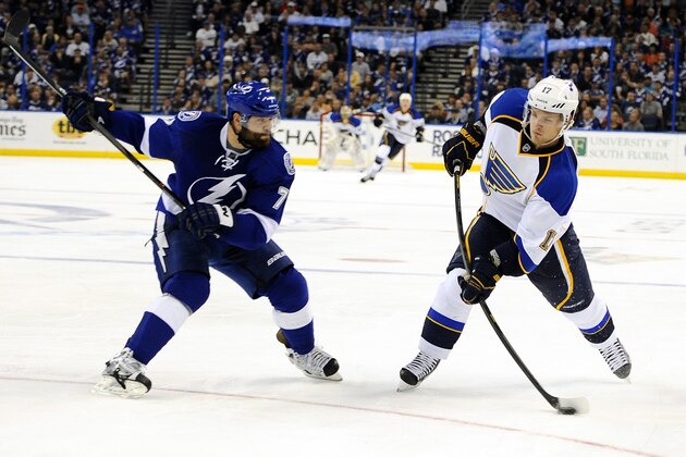 St. Louis Blues center Vladimir Sobotka, right, of the Czech Republic, takes a shot on goal against Tampa Bay Lightning defenseman Radko Gudas, of the Czech Republic, during the third period of an NHL hockey game Saturday, Nov. 2, 2013, in Tampa, Fla. (AP Photo/Brian Blanco)