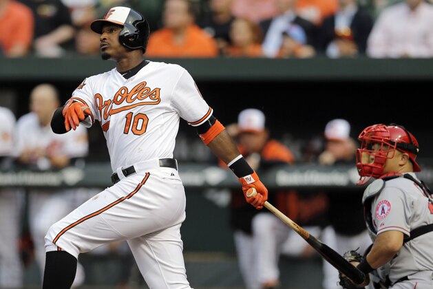 Baltimore Orioles' Adam Jones watches his solo home run in front of Los Angeles Angels catcher Hank Conger in the first inning of a baseball game, Tuesday, July 29, 2014, in Baltimore. (AP Photo/Patrick Semansky)