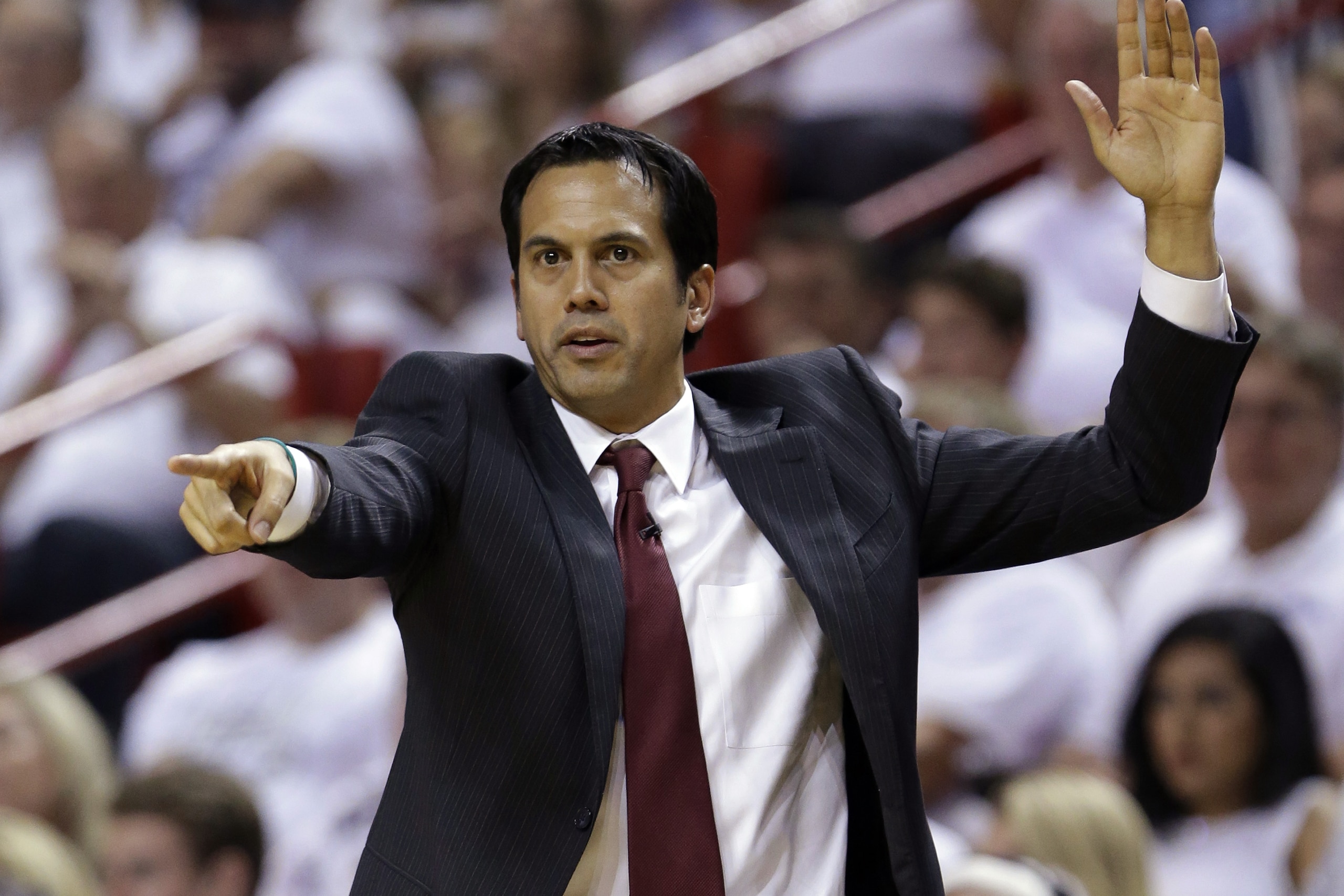 Miami Heat head coach Erik Spoelstra gestures during the second half of Game 4 in the NBA basketball Eastern Conference finals playoff series against the Indiana Pacers, Monday, May 26, 2014, in Miami. (AP Photo/Wilfredo Lee)