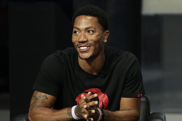 LAS VEGAS, NV - JULY 27: Derrick Rose of the Chicago Bulls shows off the new adidas D Rose 5 Boost during the Adidas BOOST Basketball Launch inside the MGM Grand Garden Arena in Las Vegas on July 27, 2014 in Las Vegas, Nevada. (Photo by Isaac Brekken/Getty Images for adidas)