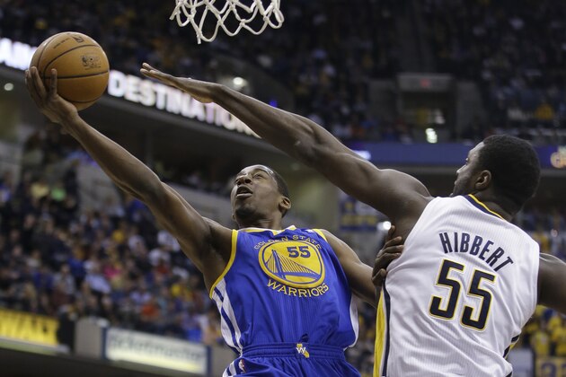 Golden State Warriors' Jordan Crawford (55) puts up a shot against Indiana Pacers' Roy Hibbert (55) during the first half of an NBA basketball game Tuesday, March 4, 2014, in Indianapolis. (AP Photo/Darron Cummings) Golden State Warriors' Jordan Crawford (55) puts up a shot against Indiana Pacers' Roy Hibbert (55) during the first half of an NBA basketball game Tuesday, March 4, 2014, in Indianapolis. (AP Photo/Darron Cummings)
