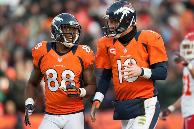 DENVER, CO - DECEMBER 30: Quarterback Peyton Manning #18 and wide receiver Demaryius Thomas #88 of the Denver Broncos run off the field after a score during a game against the Kansas City Chiefs at Sports Authority Field at Mile High on December 30, 2012 in Denver, Colorado. The Broncos defeated the Chiefs 38-3. (Photo by Dustin Bradford/Getty Images) DENVER, CO - DECEMBER 30: Quarterback Peyton Manning #18 and wide receiver Demaryius Thomas #88 of the Denver Broncos run off the field after a score during a game against the Kansas City Chiefs at Sports Authority Field at Mile High on December 30, 2012 in Denver, Colorado. The Broncos defeated the Chiefs 38-3. (Photo by Dustin Bradford/Getty Images)