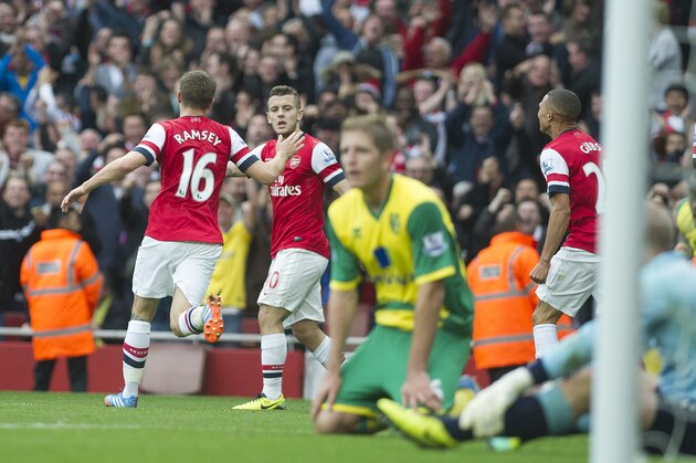 Arsenal's Aaron Ramsey, left, celebrates with teammate Jack Wilshere, second left, after scoring against Norwich City, during their English Premier League soccer match, at the Emirates Stadium, in London, Saturday, Oct. 19, 2013. (AP Photo/Bogdan Maran)