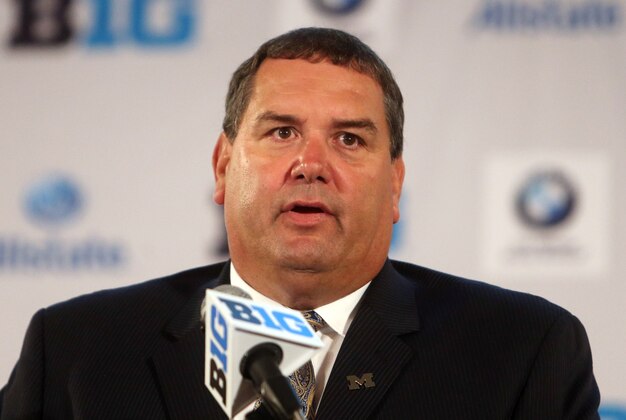 Jul 28, 2014; Chicago, IL, USA; Michigan Wolverines head coach Brady Hoke addresses the media during the Big Ten football media day at Hilton Chicago. Mandatory Credit: Jerry Lai-USA TODAY Sports