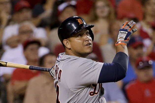 Detroit Tigers' Miguel Cabrera watches his home run against the Los Angeles Angels during the fourth inning of a baseball game in Anaheim, Calif., Friday, July 25, 2014. (AP Photo/Chris Carlson) Detroit Tigers' Miguel Cabrera watches his home run against the Los Angeles Angels during the fourth inning of a baseball game in Anaheim, Calif., Friday, July 25, 2014. (AP Photo/Chris Carlson)