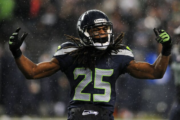 SEATTLE, WA. - DECEMBER 23: Cornerback Richard Sherman #25 of the Seattle Seahawks celebrates a tackle during the fourth quarter of the game against the San Francisco 49ers at CenturyLink Field on December 23, 2012 in Seattle,Wa. The Seahawks won the game 42-13. (Photo by Steve Dykes/Getty Images)