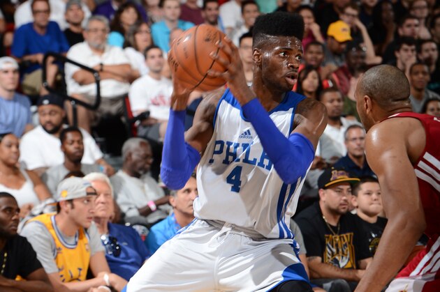 LAS VEGAS, NV - JULY 14: Nerlens Noel #4 of the Philadelphia 76ers handles the ball against the Cleveland Cavaliers at the Samsung NBA Summer League 2014 on July 14, 2014 at the Cox Pavilion in Las Vegas, Nevada. NOTE TO USER: User expressly acknowledges and agrees that, by downloading and or using this photograph, User is consenting to the terms and conditions of the Getty Images License Agreement. Mandatory Copyright Notice: Copyright 2014 NBAE (Photo by Garrett Ellwood/NBAE via Getty Images)