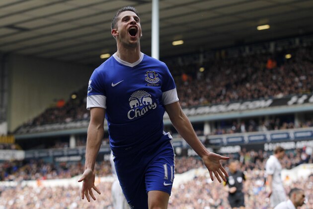 Everton's Kevin Mirallas celebrates his goal against Tottenham Hotspur during their English Premier League soccer match at White Hart Lane, London, Sunday, April 7, 2013. (AP Photo/Sang Tan) Everton's Kevin Mirallas celebrates his goal against Tottenham Hotspur during their English Premier League soccer match at White Hart Lane, London, Sunday, April 7, 2013. (AP Photo/Sang Tan)