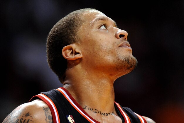 Jan 26, 2014; Miami, FL, USA; Miami Heat small forward Michael Beasley (8)  during the second half against the San Antonio Spurs at American Airlines Arena. Mandatory Credit: Steve Mitchell-USA TODAY Sports