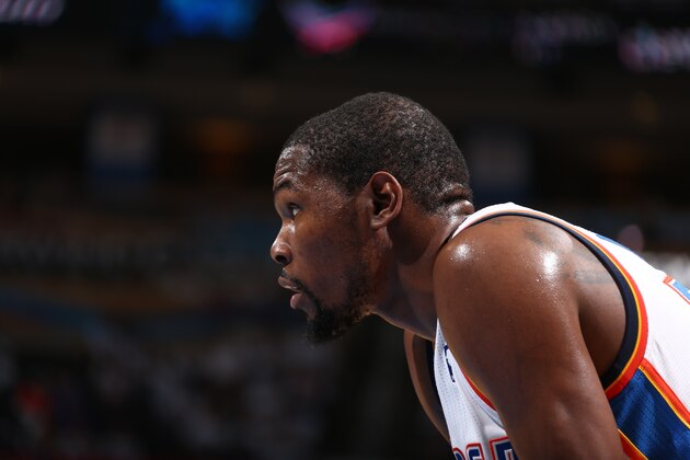 OKLAHOMA CITY, OK - May 31: Kevin Durant #35 of the Oklahoma City Thunder looks on against the San Antonio Spurs in Game 6 of the Western Conference Finals during the 2014 NBA Playoffs at the Chesapeake Arena on May 31, 2014 in Oklahoma City, Oklahoma. NOTE TO USER:  User expressly acknowledges and agrees that, by downloading and/or using this photograph, user is consenting to the terms and conditions of the Getty Images License Agreement. Mandatory Copyright Notice:  Copyright 2014 NBAE (Photo by Nathaniel S. Butler/NBAE via Getty Images)