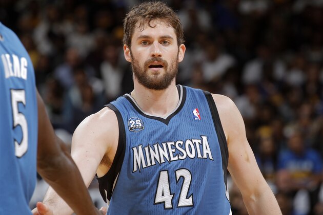 OAKLAND, CA - APRIL 14: Kevin Love #42 of the Minnesota Timberwolves during a game against the Golden State Warriors on April 14, 2014 at Oracle Arena in Oakland, California. NOTE TO USER: User expressly acknowledges and agrees that, by downloading and or using this photograph, user is consenting to the terms and conditions of Getty Images License Agreement. Mandatory Copyright Notice: Copyright 2014 NBAE (Photo by Rocky Widner/NBAE via Getty Images)