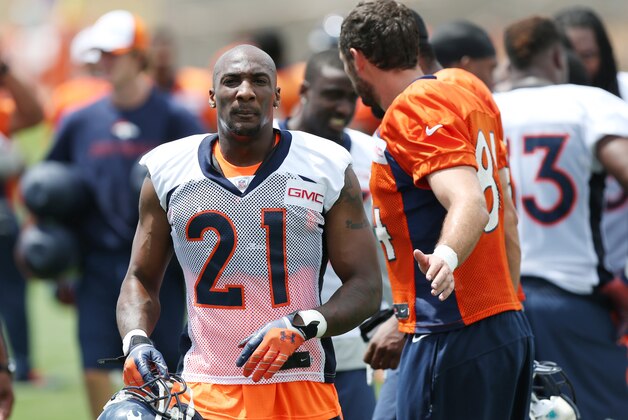 Denver Broncos cornerback Aqib Talib heads to lockerroom after morning session at the team's NFL football training camp in Englewood, Colo., on Friday, July 25, 2014. (AP Photo)