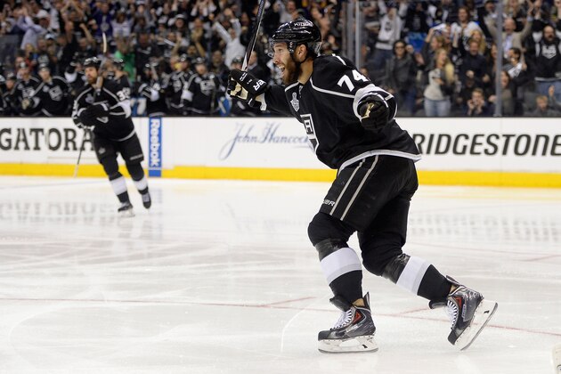 LOS ANGELES, CA - JUNE 07:  Dwight King #74 celebrates teammate Jarret Stoll #28 of the Los Angeles Kings goal against Henrik Lundqvist #30 of the New York Rangers in the second period during Game Two of the 2014 NHL Stanley Cup Final at the Staples Center on June 7, 2014 in Los Angeles, California.  (Photo by Harry How/Getty Images)