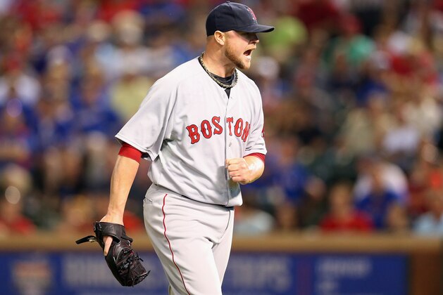ARLINGTON, TX - MAY 10:  Jon Lester #31 of the Boston Red Sox reacts at the end of the 5th inning against the Texas Rangers at Globe Life Park in Arlington on May 10, 2014 in Arlington, Texas.  (Photo by Ronald Martinez/Getty Images)