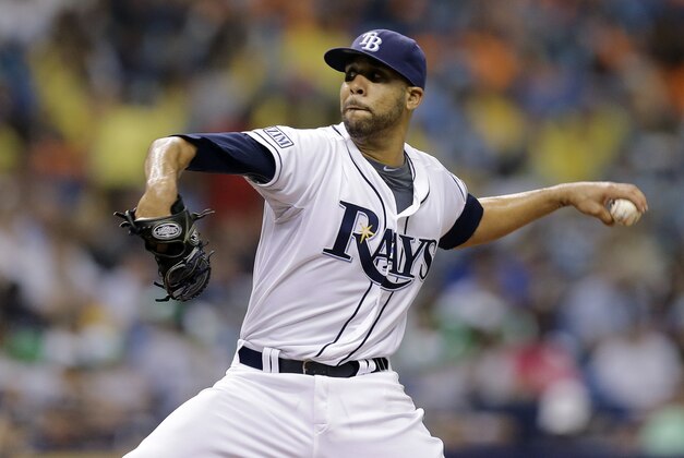 Tampa Bay Rays starting pitcher David Price delivers to the Milwaukee Brewers during the second inning of an interleague baseball game Wednesday, July 30, 2014, in St. Petersburg, Fla. (AP Photo/Chris O'Meara)