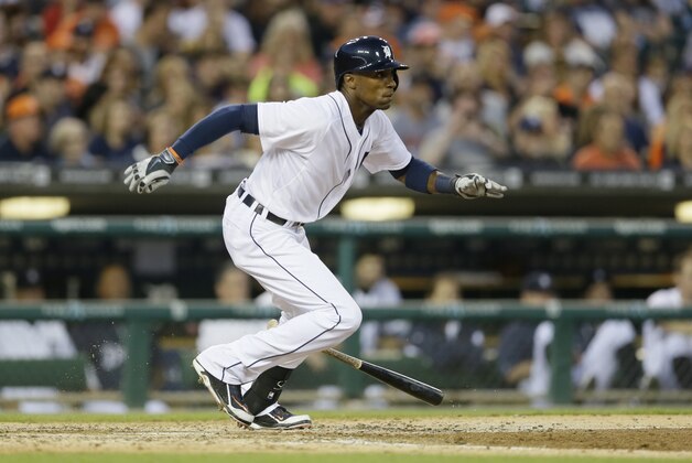 Detroit Tigers' Austin Jackson bats during the fifth inning in the second baseball game of a doubleheader against the Cleveland Indians, Saturday, July 19, 2014 in Detroit. (AP Photo/Carlos Osorio)