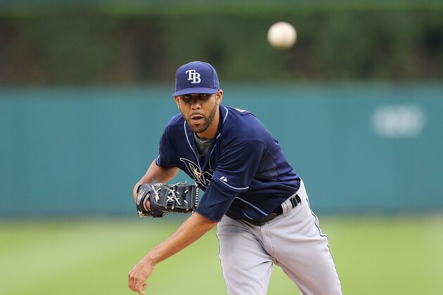 DETROIT, MI - JULY 06: David Price #14 of the Tampa Bay Rays warms up prior to the start of the game against the Detroit Tigers at Comerica Park on July 6, 2014 in Detroit, Michigan.  (Photo by Leon Halip/Getty Images)