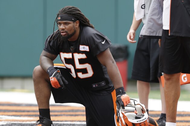 Cincinnati Bengals outside linebacker Vontaze Burfict takes a break during an NFL football mandatory minicamp, Wednesday, June 11, 2014, in Cincinnati. (AP Photo/Al Behrman)