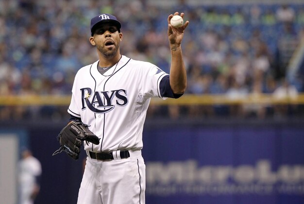 Jul 30, 2014; St. Petersburg, FL, USA; Tampa Bay Rays starting pitcher David Price (14) catches the ball before he pitches during the second inning against the Milwaukee Brewers at Tropicana Field. Mandatory Credit: Kim Klement-USA TODAY Sports
