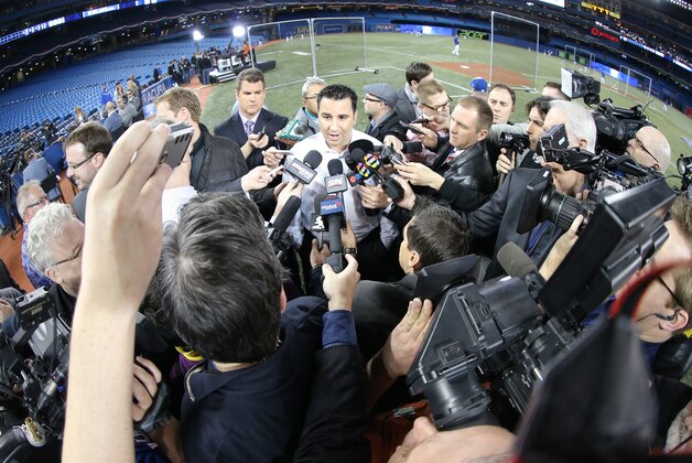 TORONTO, CANADA - APRIL 4: General manager Alex Anthopoulos of the Toronto Blue Jays talks to media befoe MLB game action against the New York Yankees on April 4, 2014 at Rogers Centre in Toronto, Ontario, Canada. (Photo by Tom Szczerbowski/Getty Images)