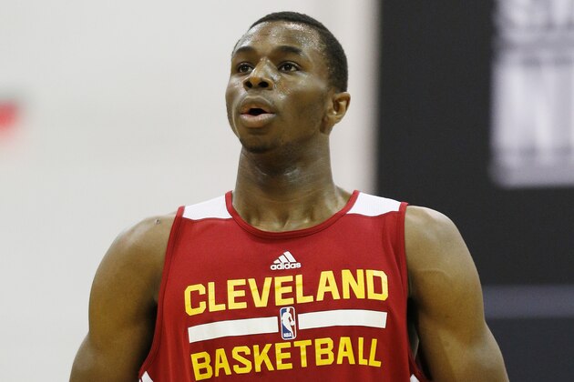 Andrew Wiggins of the Cleveland Cavaliers prepares to take a free throw against the Milwaukee Bucks in an NBA summer league basketball Friday, July 11, 2014, in Las Vegas. (AP Photo/John Locher)