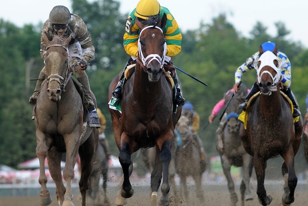 In a photo provided by the New York Racing Association, Palace Malice, center, with jockey Mike Smith, captures the Jim Dandy horse race at Saratoga Race Course on Saturday, July 27, 2013, in Saratoga Springs, N.Y. (AP Photo/New York Racing Association, Adam Coglianese)