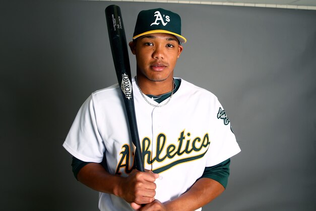Feb 22, 2014; Phoenix, AZ, USA; Oakland Athletics infielder Addison Russell poses for a portrait during photo day at Phoenix Municipal Stadium. Mandatory Credit: Mark J. Rebilas-USA TODAY Sports
