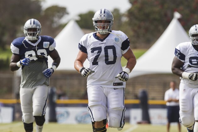 Dallas Cowboys offensive guard Zack Martin (70) runs at a NFL football training camp, Wednesday, July 30, 2014, in Oxnard, Calif. (AP Photo/Ringo H.W. Chiu)