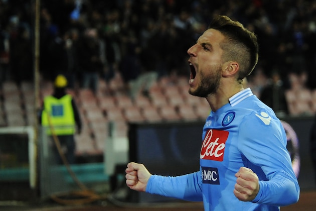 Napoli's Dries Mertens celebrates after scoring during a Serie A soccer match between Napoli and Inter Milan, at the San Paolo stadium in Naples, Italy, Sunday, Dec, 15, 2013. (AP Photo/Salvatore Laporta)