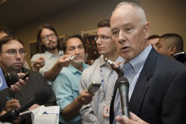 New York Mets general manager Sandy Alderson speaks to the media after announcing a two-year extension for manager Terry Collins during a news conference at Citi Field, Monday, Sept. 30, 2013, in New York.  (AP Photo/John Minchillo)
