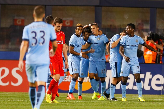 NEW YORK, NY - JULY 30:  Stevan Jovetic #35 of Manchester City celebrates scoring a goal in the 67th minute against Liverpool during the  International Champions Cup 2014 at Yankee Stadium on July 30, 2014 in the Bronx borough of New York City.  (Photo by Mike Stobe/Getty Images)