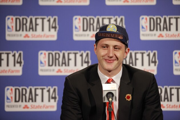 NEW YORK - JUNE 26: Jusuf Nurkic addresses the media after being selected 16th overall by the Chicago Bulls later traded to the Denver Nuggets during the 2014 NBA Draft on June 26, 2014 at the Barclays Center in Brooklyn, New York. NOTE TO USER: User expressly acknowledges and agrees that, by downloading and/or using this photograph, user is consenting to the terms and conditions of the Getty Images License Agreement.  Mandatory Copyright Notice: Copyright 2014 NBAE (Photo by Jeyhoun Allebaugh/NBAE via Getty Images)