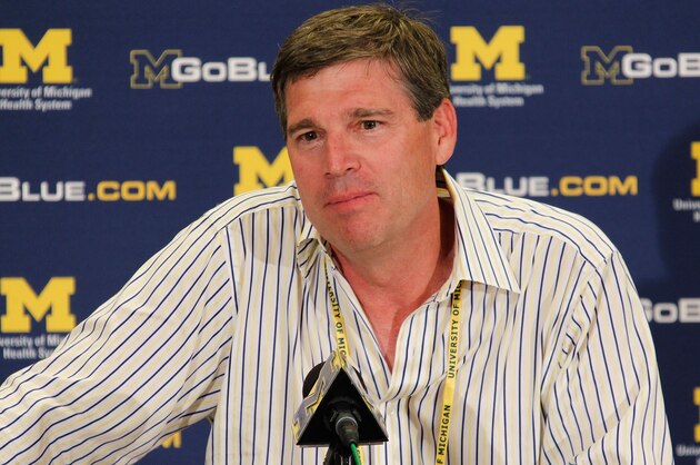 ANN ARBOR, MI - SEPTEMBER 03:  University of Michigan Athletic Director David Brandon talks at a press conference after a weather shortened game between the Michigan Wolverines and the Western Michigan Broncos at Michigan Stadium on September 3, 2010 in Ann Arbor, Michigan. Michigan won the game 34-10. (Photo by Gregory Shamus/Getty Images)