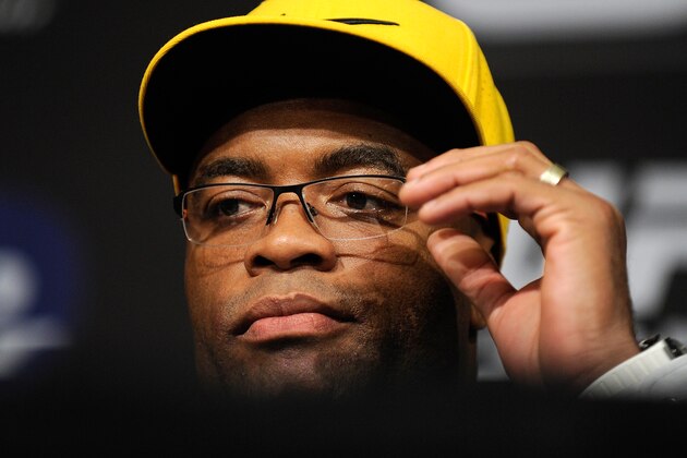 Anderson Silva looks on during the post fight news conference after his loss to Chris Weidman at a UFC 162 mixed martial arts middleweight championship bout Saturday, July 6, 2013, in Las Vegas. Weidman won with a second round TKO. (AP Photo/David Becker)