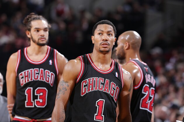 PORTLAND, OR - NOVEMBER 22: Derrick Rose #1 of the Chicago Bulls walks off the court during the game against the Portland Trail Blazers on November 22, 2013 at the Moda Center Arena in Portland, Oregon. NOTE TO USER: User expressly acknowledges and agrees that, by downloading and or using this photograph, user is consenting to the terms and conditions of the Getty Images License Agreement. Mandatory Copyright Notice: Copyright 2013 NBAE (Photo by Sam Forencich/NBAE via Getty Images) PORTLAND, OR - NOVEMBER 22: Derrick Rose #1 of the Chicago Bulls walks off the court during the game against the Portland Trail Blazers on November 22, 2013 at the Moda Center Arena in Portland, Oregon. NOTE TO USER: User expressly acknowledges and agrees that, by downloading and or using this photograph, user is consenting to the terms and conditions of the Getty Images License Agreement. Mandatory Copyright Notice: Copyright 2013 NBAE (Photo by Sam Forencich/NBAE via Getty Images)