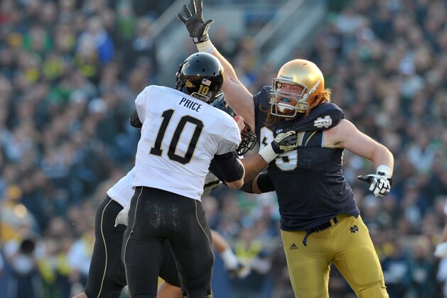 Nov. 17, 2012; South Bend, IN, USA; Wake Forest Demon Deacons quarterback Tanner Price (10) throws under pressure from Notre Dame Fighting Irish defensive end Tony Springmann (69) in the first quarter at Notre Dame Stadium. Notre Dame won 38-0. Mandatory Credit: Matt Cashore-USA TODAY Sports